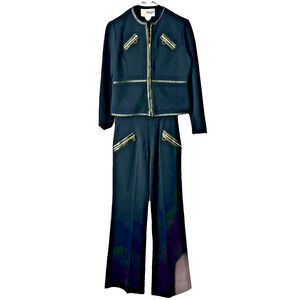 Vtg Wenjilli Womens Navy Blue Pants & Jacket 2 pc Suit 60s 70s Wool Retro career